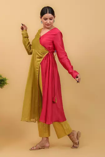 Lime yellow & pink anarkali set