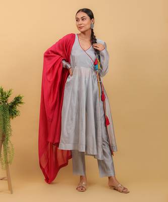 Grey chanderi anarkali set with dupatta 1