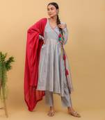Grey chanderi anarkali set with dupatta
