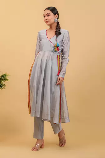 Grey chanderi anarkali set with dupatta