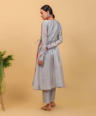 Grey chanderi anarkali set with dupatta 4