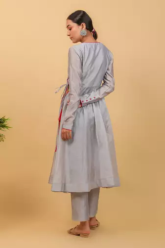 Grey chanderi anarkali set with dupatta