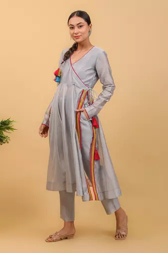 Grey chanderi anarkali set