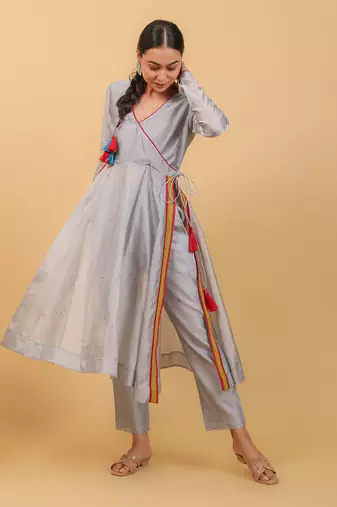 Grey chanderi anarkali set