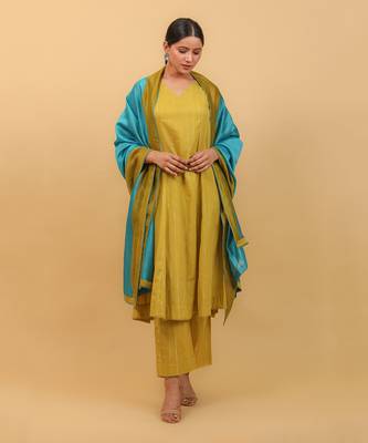 Lime yellow cotton flared kurta set with dupatta 1