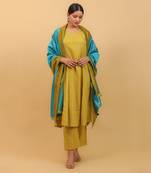 Lime yellow cotton flared kurta set with dupatta