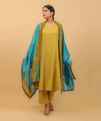 Lime yellow cotton flared kurta set with dupatta 2