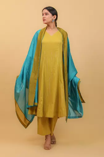 Lime yellow cotton flared kurta set with dupatta
