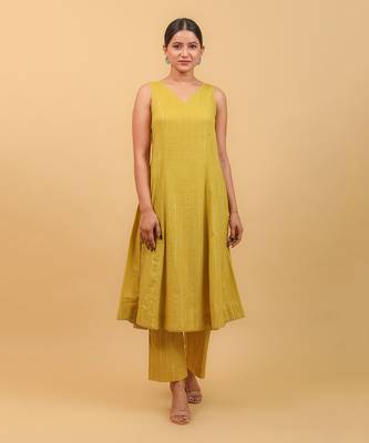Lime yellow cotton flared kurta set with dupatta 3