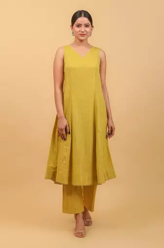 Lime yellow cotton flared kurta set with dupatta