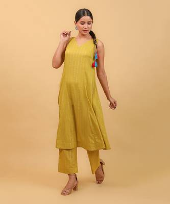 Lime yellow cotton flared kurta set with dupatta 4