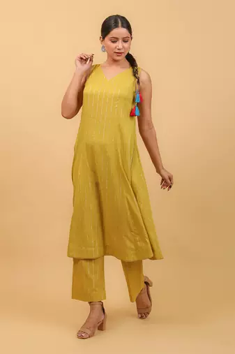 Lime yellow cotton flared kurta set with dupatta