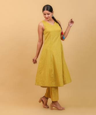 Lime yellow cotton flared kurta set with dupatta 5
