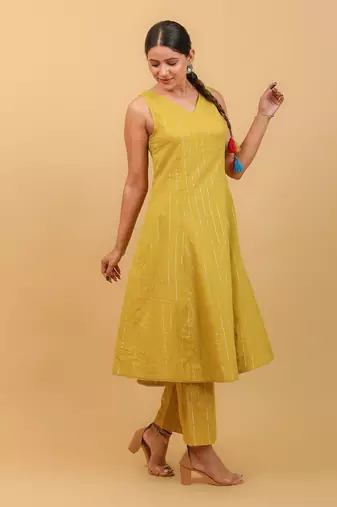 Lime yellow cotton flared kurta set with dupatta