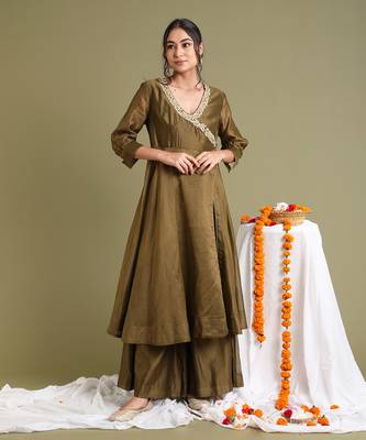 Tabacco brown chanderi handloom anarkali set 1