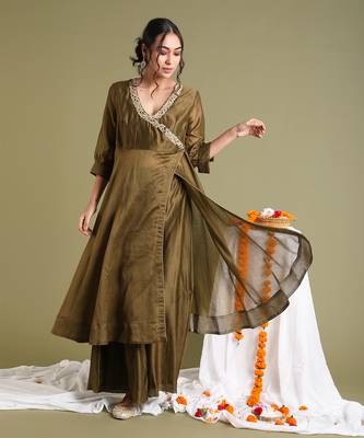 Tabacco brown chanderi handloom anarkali set 2