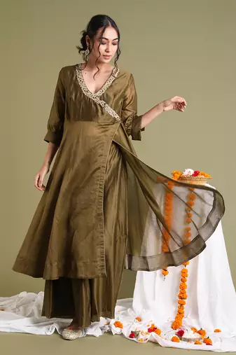 Tabacco brown chanderi handloom anarkali set