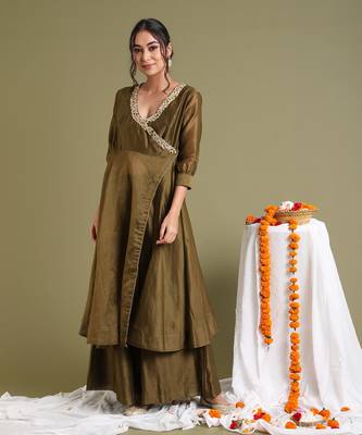 Tabacco brown chanderi handloom anarkali set 3