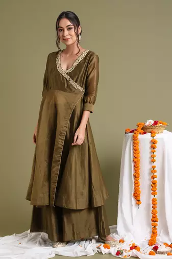 Tabacco brown chanderi handloom anarkali set