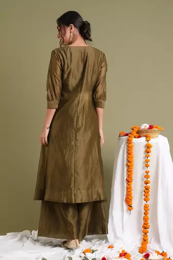 Tabacco brown chanderi handloom anarkali set