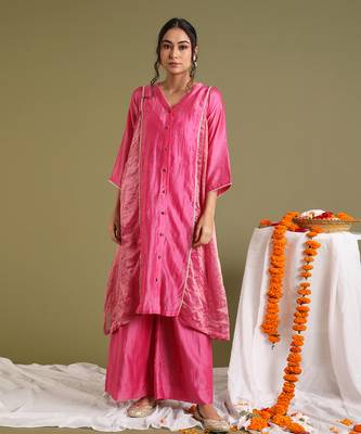 Pink kalidar chanderi handloom kurta set 1