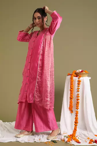 Pink kalidar chanderi handloom kurta set