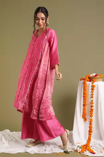 Pink kalidar chanderi handloom kurta set