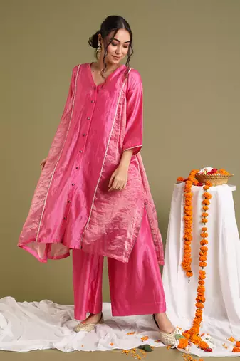 Pink kalidar chanderi handloom kurta set