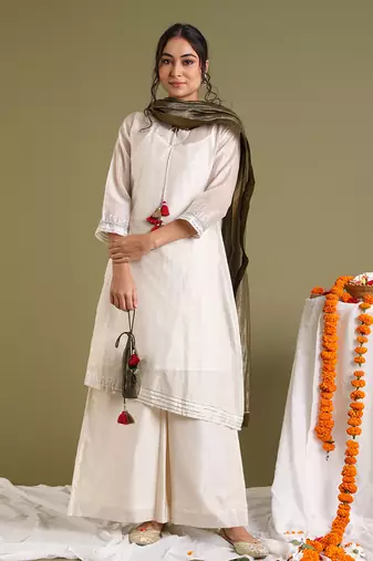 Off white chanderi handloom asymetrical kurta set