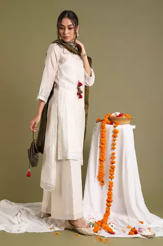 Off white chanderi handloom asymetrical kurta set