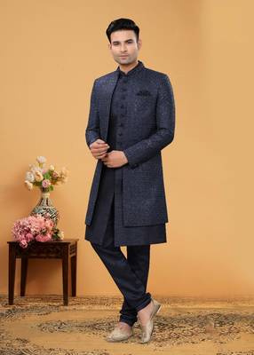 Art Silk Blue Men Kurta Bottom Jacket 1