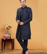 Art Silk Blue Men Kurta Bottom Jacket