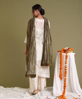 Off white chanderi handloom asymetrical kurta set 5
