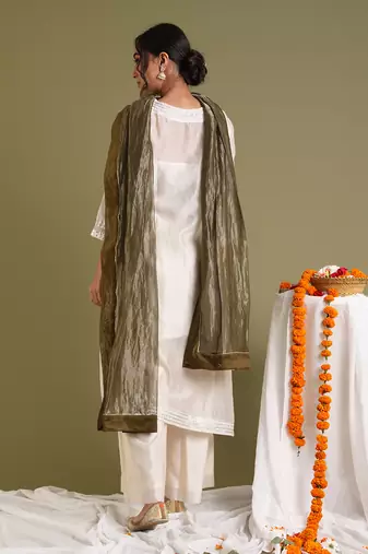 Off white chanderi handloom asymetrical kurta set