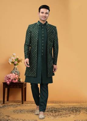 art silk green embroidered kurta with pyjama and jacket 1