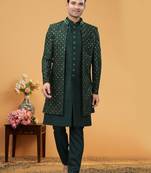art silk green embroidered kurta with pyjama and jacket