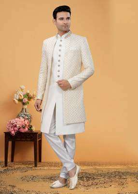 Art Silk White Men Kurta Bottom Jacket 1
