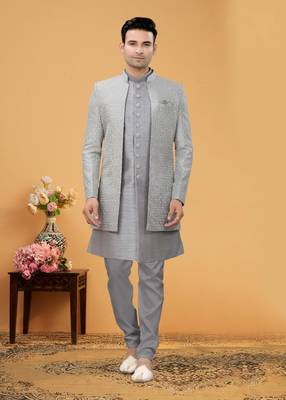 Art Silk Grey Men Kurta Bottom Jacket 1