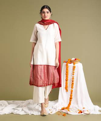 Off white & red chanderi handloom kurta set 1