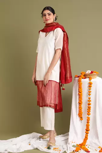 Off white & red chanderi handloom kurta set