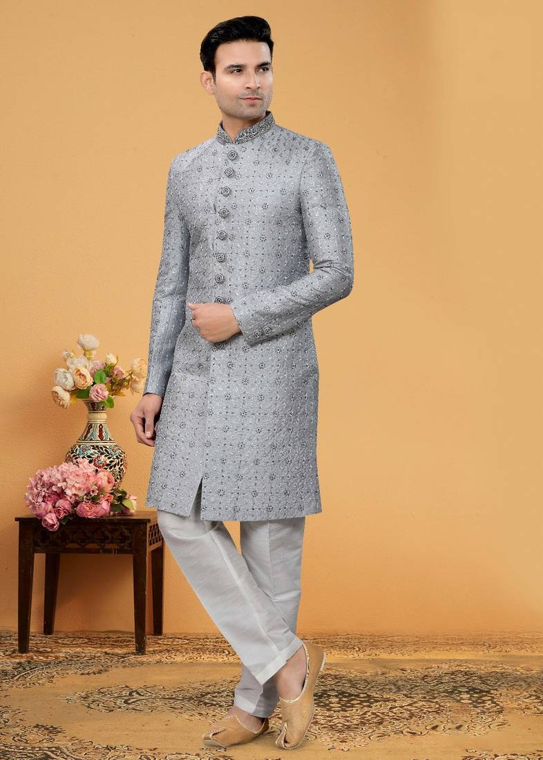 Art Silk Grey Men Kurta Bottom Jacket