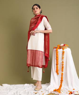 Off white & red chanderi handloom kurta set 4
