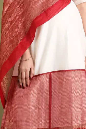 Off white & red chanderi handloom kurta set