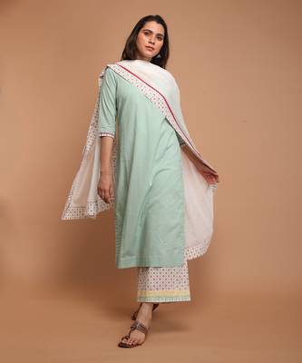 Mint green cotton kurta set with dupatta 1