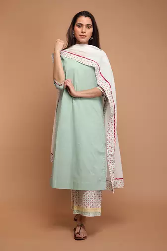 Mint green cotton kurta set with dupatta