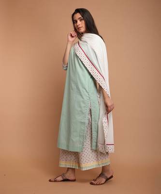 Mint green cotton kurta set with dupatta 3