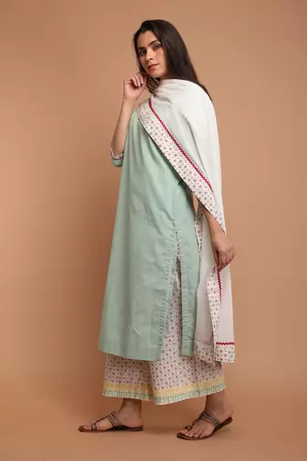 Mint green cotton kurta set with dupatta
