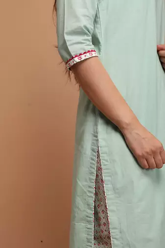 Mint green cotton kurta set with dupatta
