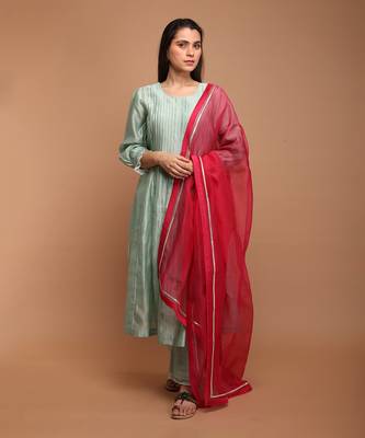 Mint green chanderi handloom anarkali set with dupatta 1