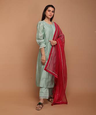 Mint green chanderi handloom anarkali set with dupatta 2